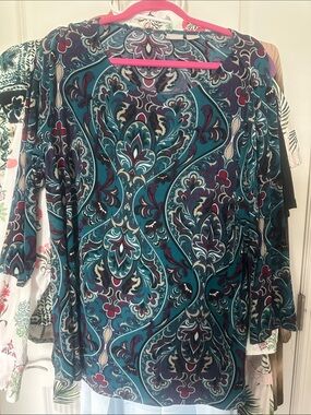 Chico's Teal and Plum Paisley Long-Sleeve Top